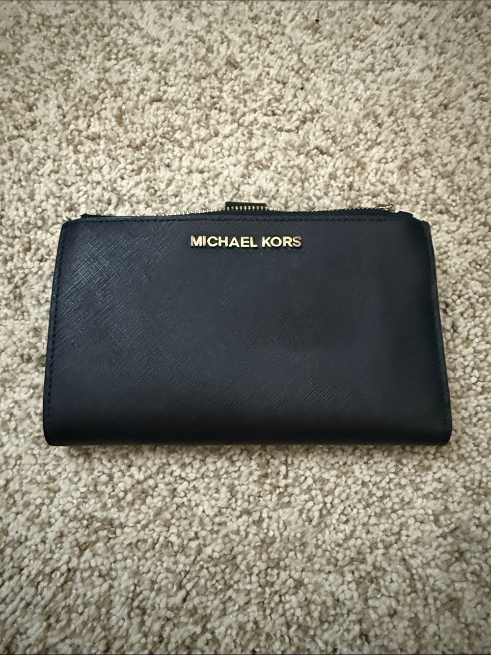 Michael Kors Black Zip-Around Saffiano Wallet with Gold Logo